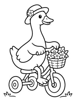 A cheerful goose coloring page showing a bird wearing a hat and riding a small tricycle with flowers.