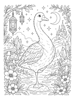 A goose coloring page showing the bird balancing on one leg in a magical fairytale landscape under the moon.