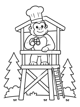 A cheerful ape wears a hat in this gorilla coloring page with binoculars and tower.