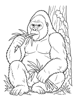 A detailed gorilla coloring page showing a silverback chewing bamboo shoots by a tree trunk.
