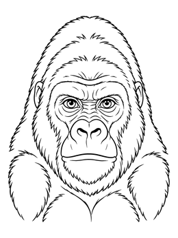 A detailed gorilla coloring page showing a close-up portrait with expressive eyes.