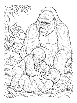 Two young apes wrestle near an adult in this detailed gorilla coloring page.