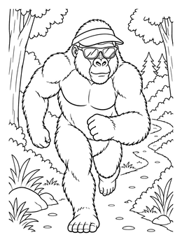 A cool gorilla coloring page featuring an ape running on a trail with sunglasses and a visor.