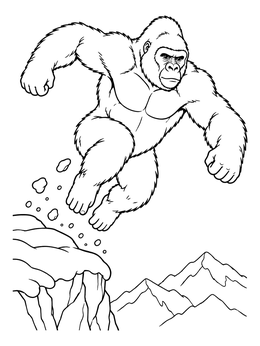 A dynamic gorilla coloring page showing a silverback jumping from a snowy mountain cliff.