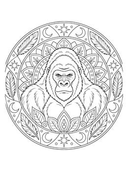 Detailed gorilla coloring page framed by a mandala with stars and feathers.