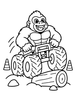 A happy gorilla hops over a log in this monster truck coloring page.