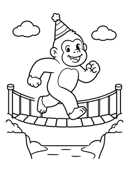 A cheerful gorilla coloring page showing a playful ape in a party hat crossing a wooden bridge.