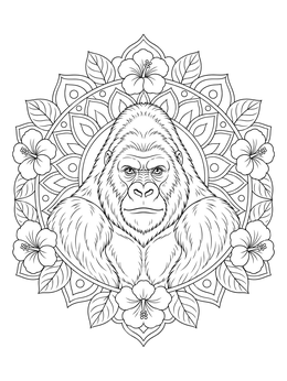 An intricate gorilla coloring page framed by hibiscus flowers and a mandala pattern.