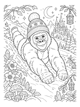 A cheerful gorilla coloring page featuring an ape sliding down a snowy hill in a winter hat.