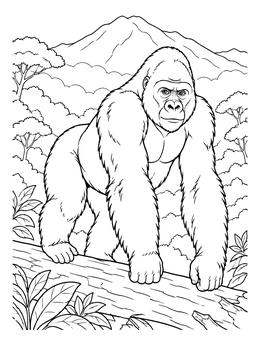 A strong silverback walking on a log in this gorilla coloring page with jungle trees.