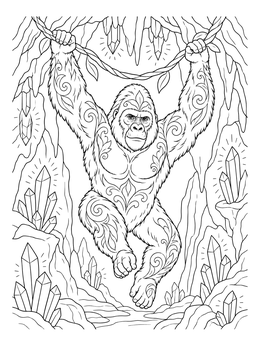 Detailed gorilla coloring page featuring an ornate ape swinging among cave crystals.