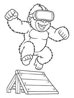 A cheerful gorilla coloring page featuring an ape jumping over a ramp with a VR headset.