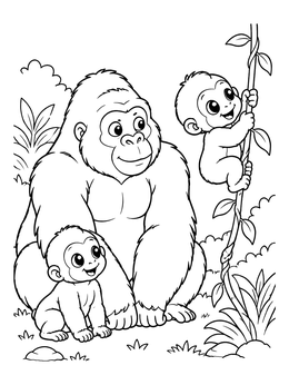 A friendly gorilla coloring page with two baby gorillas playing in the jungle.