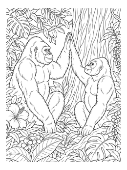 Two gorillas give a high five in the lush jungle on this gorilla coloring page.