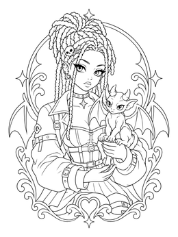 An anime girl holds a small winged gargoyle in this gothic coloring page.