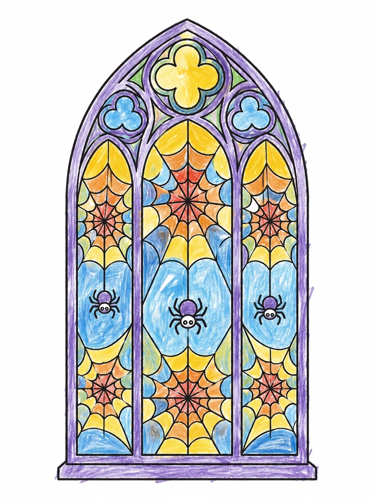 Colored example of the Gothic Window With Friendly Spiders coloring page