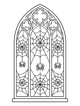 Free printable Gothic Window With Friendly Spiders coloring page