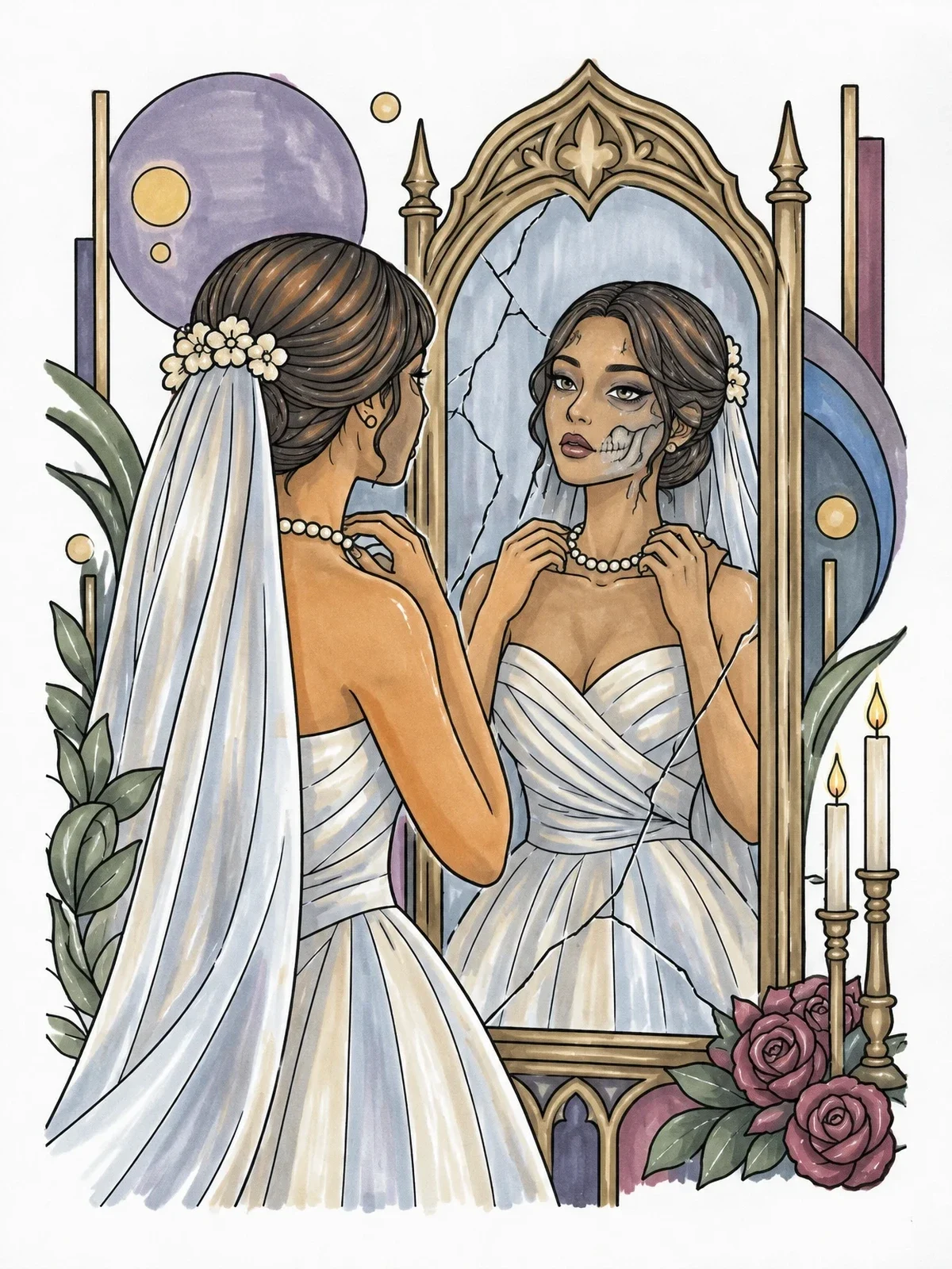 Colored example of the Gothic Bride At Antique Mirror coloring page