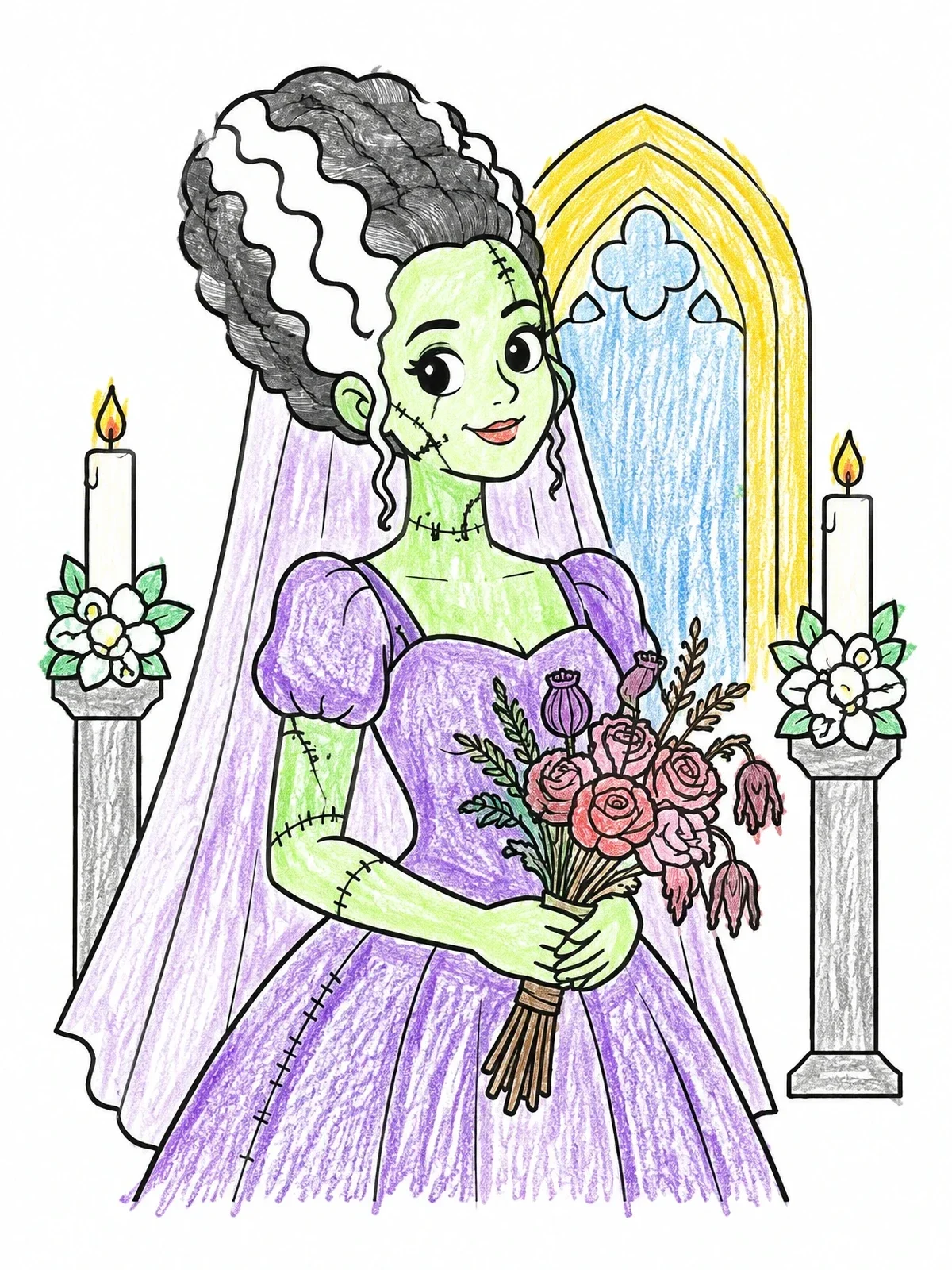 Colored example of the Gothic Bride With Flower Bouquet coloring page