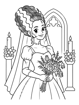 Free printable Gothic Bride With Flower Bouquet coloring page