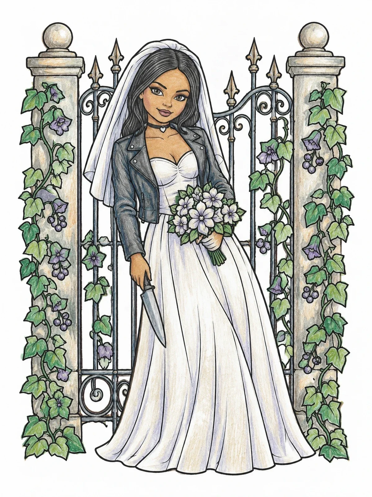 Colored example of the Gothic Bride By The Gate coloring page