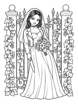 A gothic bride holding a bouquet and knife in a tiffany coloring page.