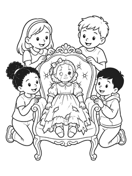 Free printable Children With Antique Porcelain Doll coloring page