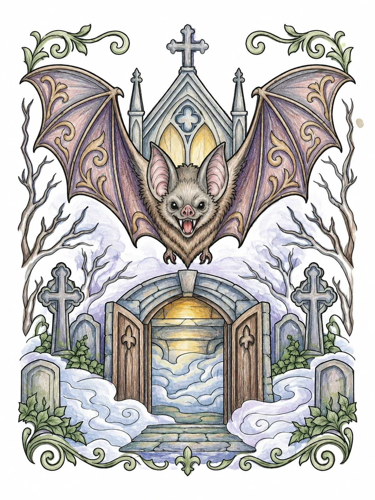 Colored example of the Gothic Crypt Bat In Graveyard coloring page