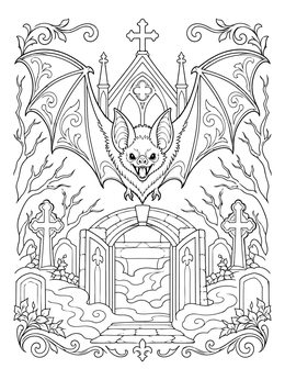 A detailed gothic crypt and flying creature on this halloween bat coloring page.