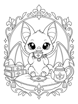 A cute chibi bat drinking tea on this gothic coloring page framed with ornate filigree.