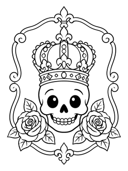 Free printable Cute Crowned Skull With Roses coloring page