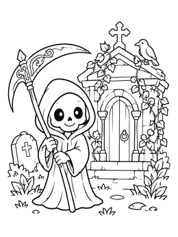Free printable Cute Grim Reaper At The Mausoleum coloring page