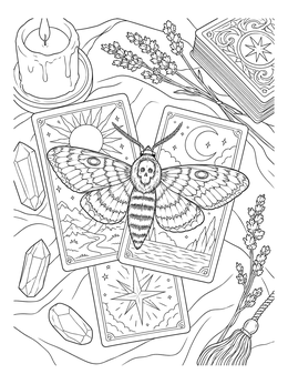 A detailed gothic coloring page featuring a death's-head moth over tarot cards with crystals and a candle.