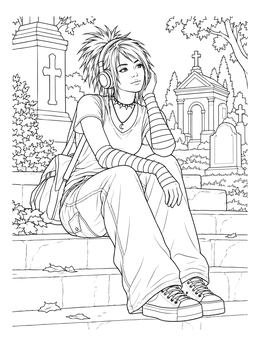 An emo girl with headphones on cemetery steps in this gothic coloring page.