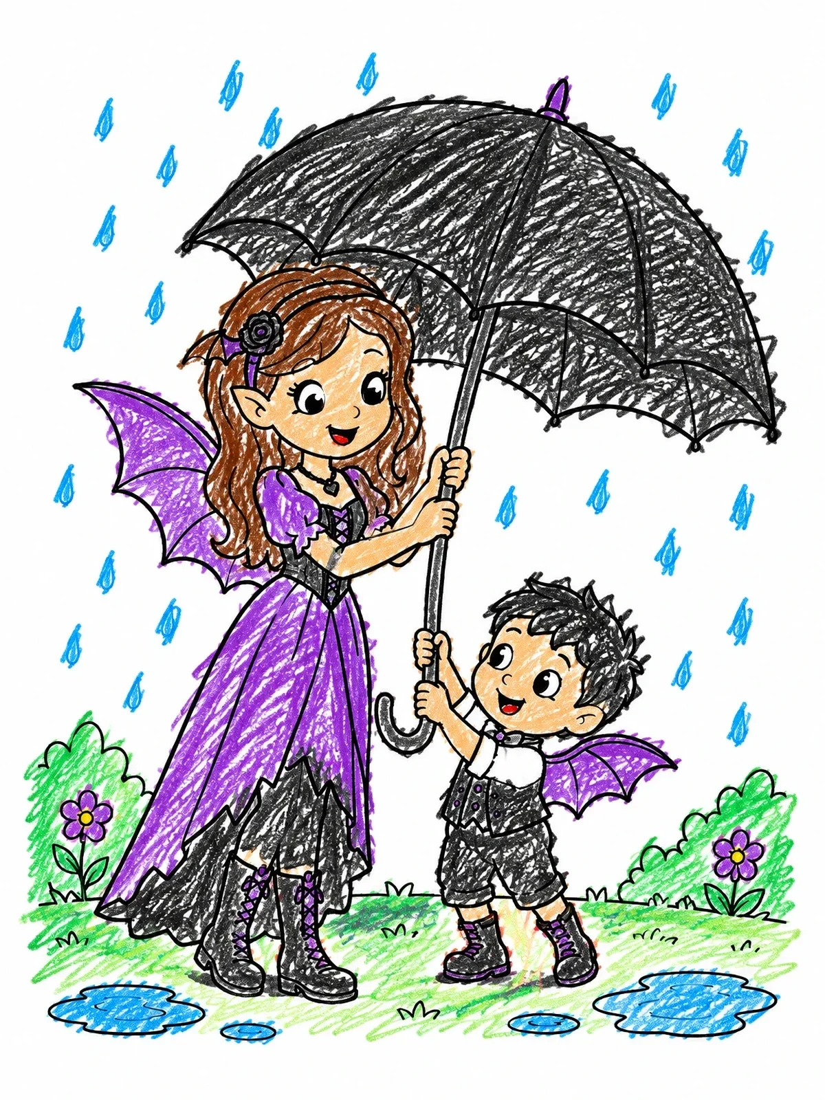 Colored example of the Gothic Fairies Sharing An Umbrella coloring page