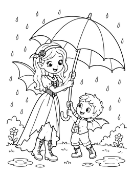 Free printable Gothic Fairies Sharing An Umbrella coloring page