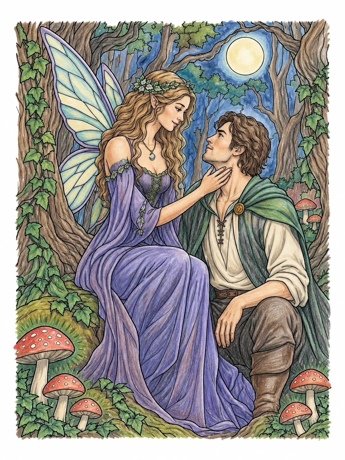 Colored example of the Fairy And Knight In Moonlight coloring page