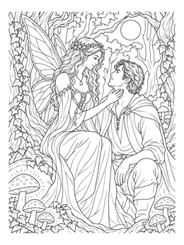 A gothic fairy coloring page featuring a winged fae and a knight under the full moon.