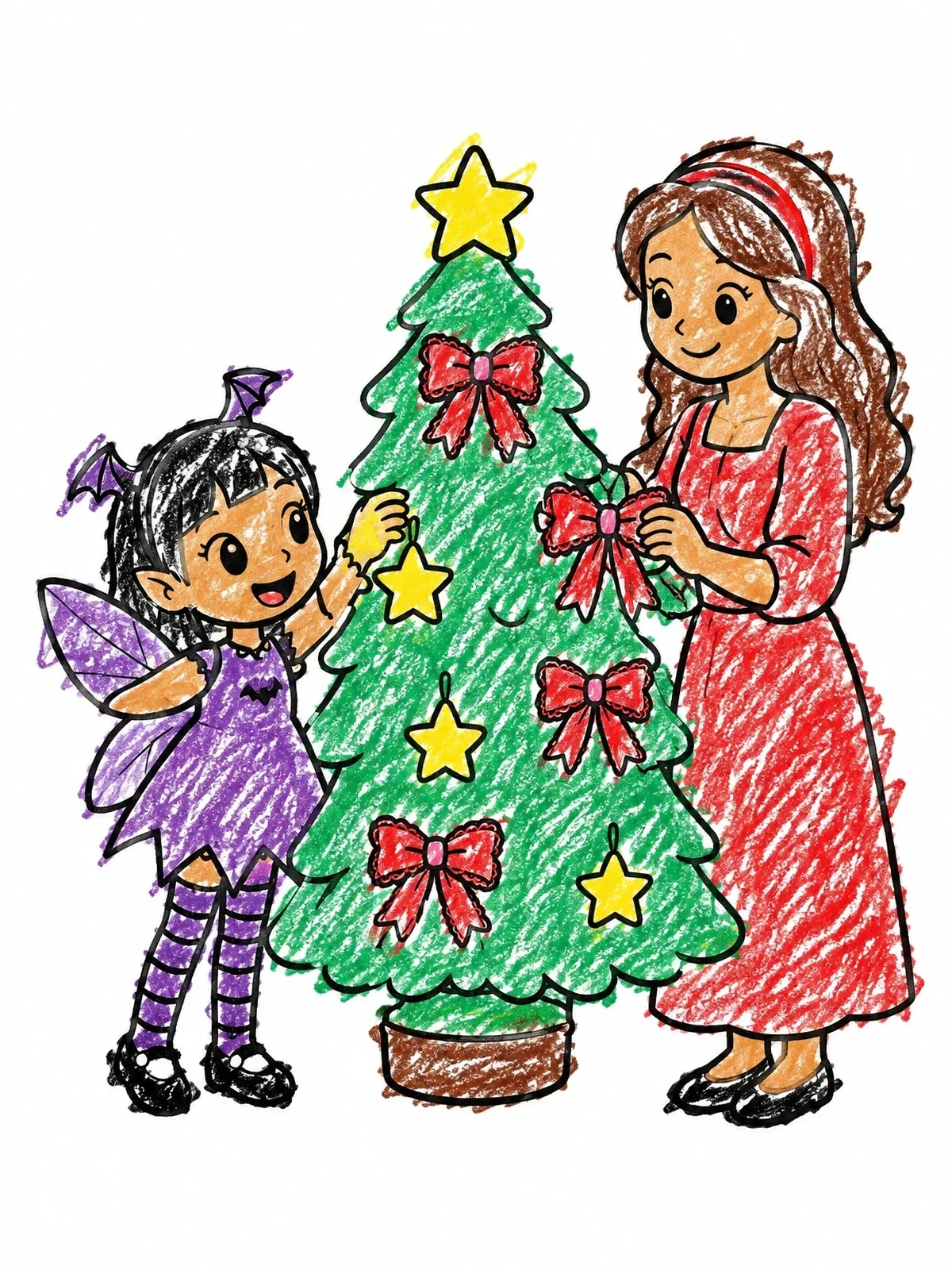 Colored example of the Gothic Fairy Decorating Evergreen Tree coloring page