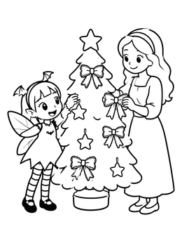 Free printable Gothic Fairy Decorating Evergreen Tree coloring page