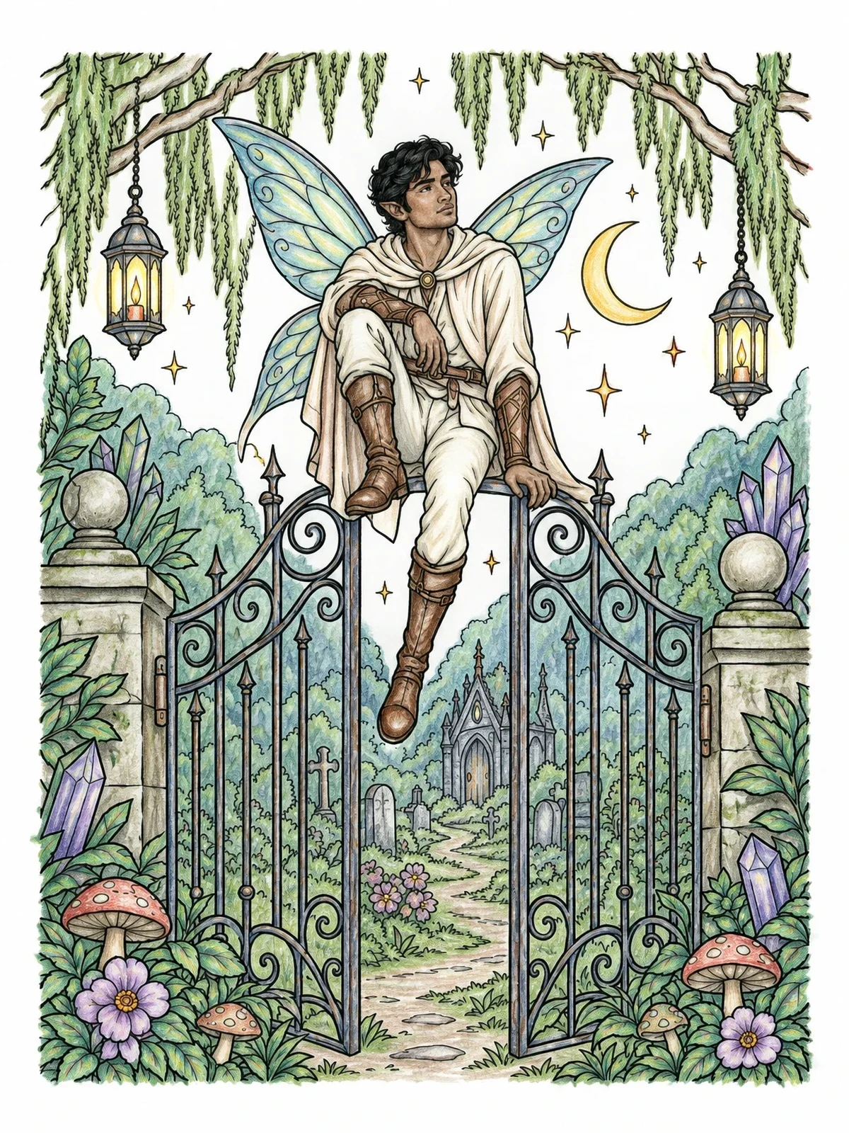 Colored example of the Fairy Perched On Graveyard Gate coloring page
