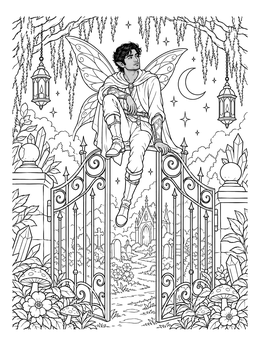 A male fairy rests on an iron cemetery gate in this gothic fairy coloring page under weeping willows.