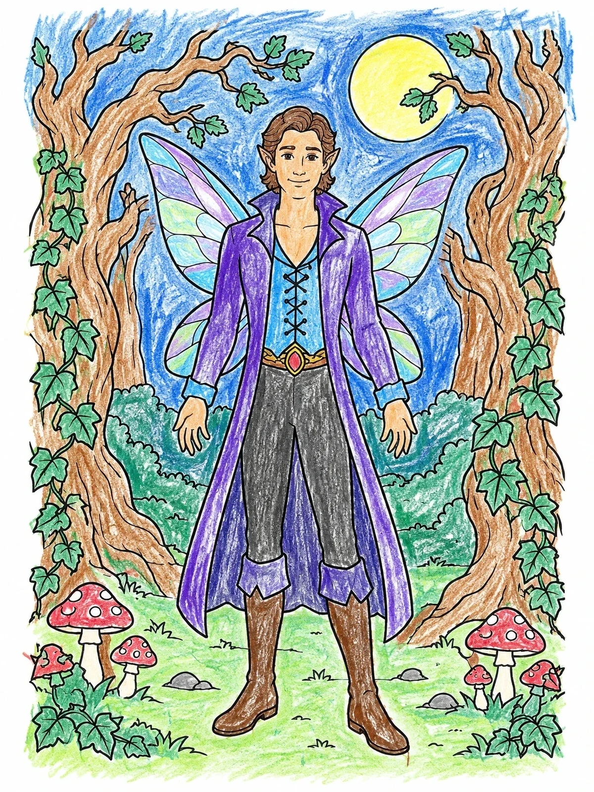 Colored example of the Fairy Prince In Midnight Forest coloring page