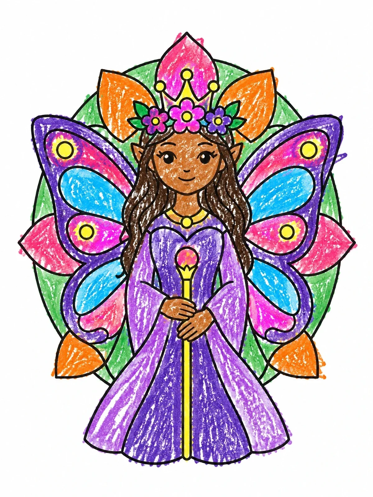 Colored example of the Fairy Queen With Butterfly Wings coloring page