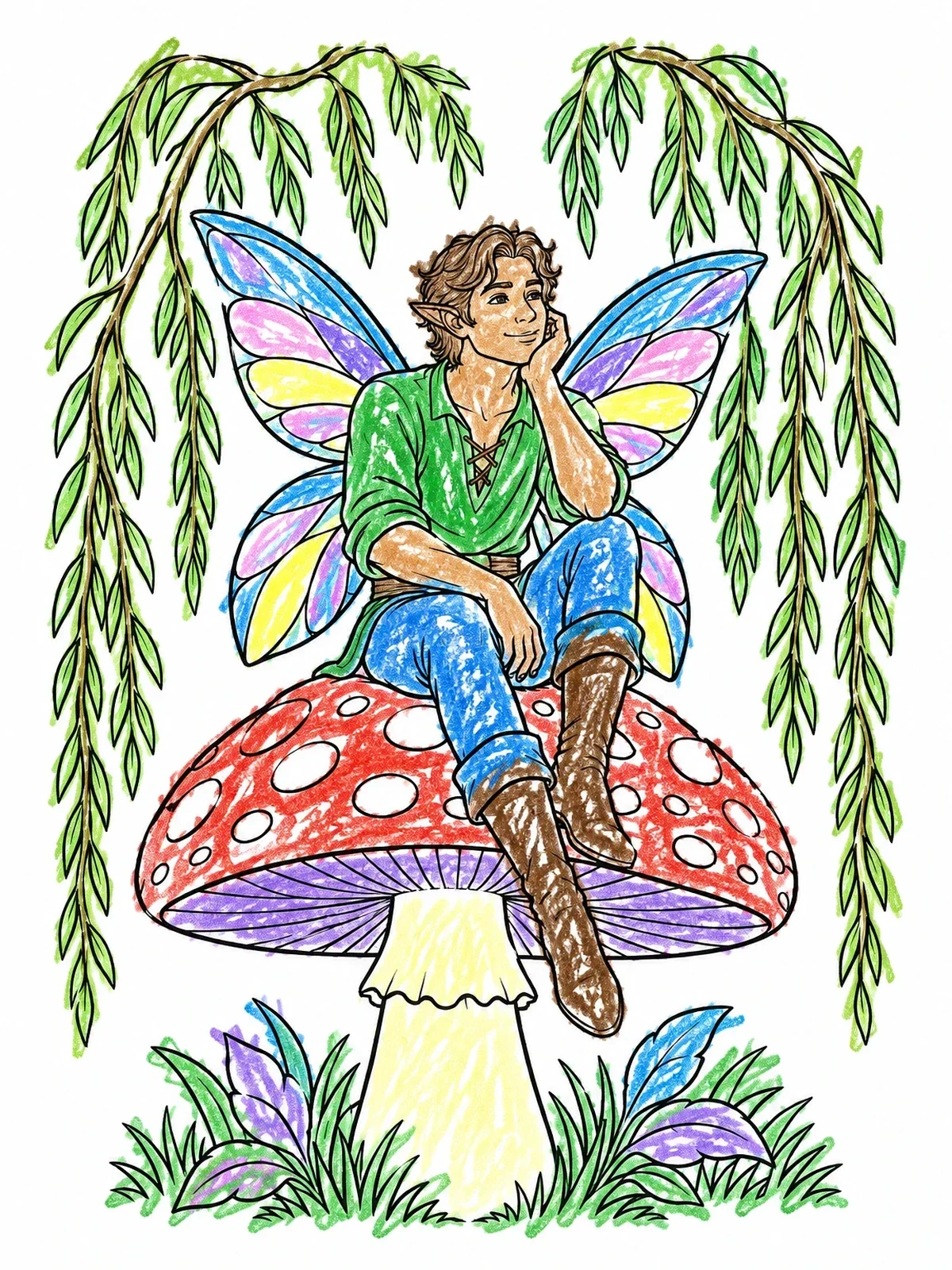 Colored example of the Fairy Resting On A Giant Mushroom coloring page
