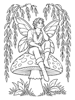 Free printable Fairy Resting On A Giant Mushroom coloring page