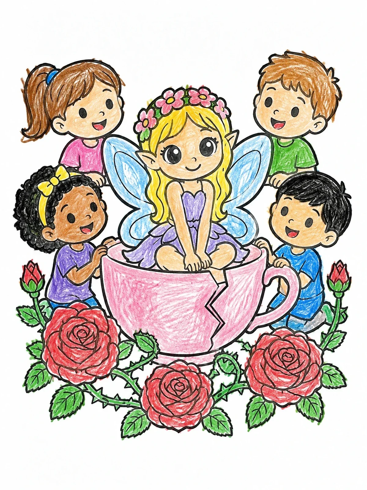 Colored example of the Fairy In A Teacup With Children coloring page