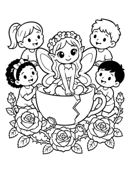 Free printable Fairy In A Teacup With Children coloring page