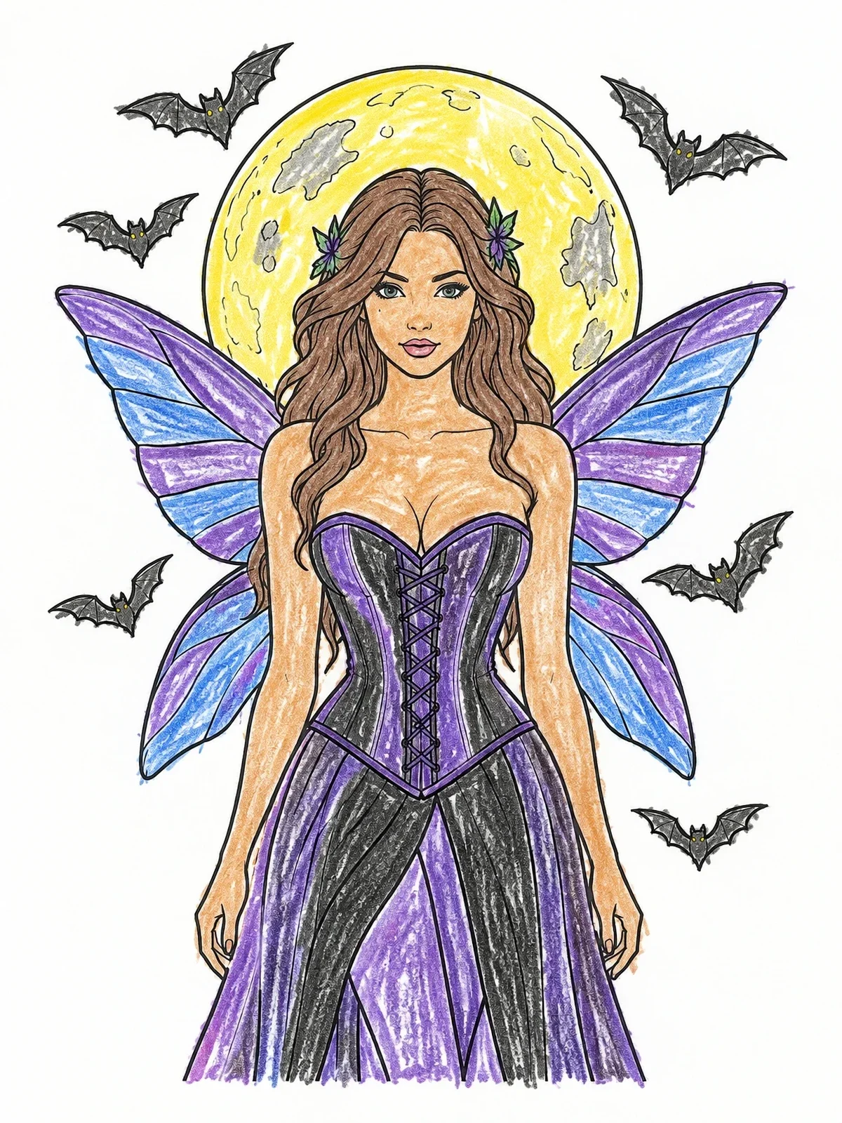 Colored example of the Gothic Fairy Under The Moon coloring page