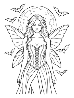 A gothic fairy coloring page featuring a winged maiden, full moon, and bats.